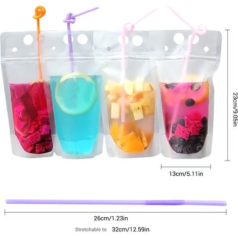 Lot de 100 sachets à boire en plastique mat alimentaire avec pailles, sachets de liquide debout avec fermeture, 13x23cm, 400-500ml, chaud/froid (1/2)