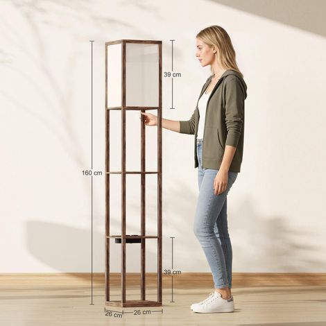Lampadaire avec étagères, éclairage à intensité variable, interrupteur au pied et ports USB, marron (1/5)