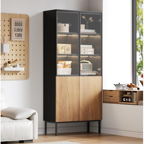 Vitrine LED avec portes en verre, meuble de rangement 180 cm, 4 étagères réglables, 10 compartiments, structure en panneau et métal, noir et bois clair CHICFURN (1/5)