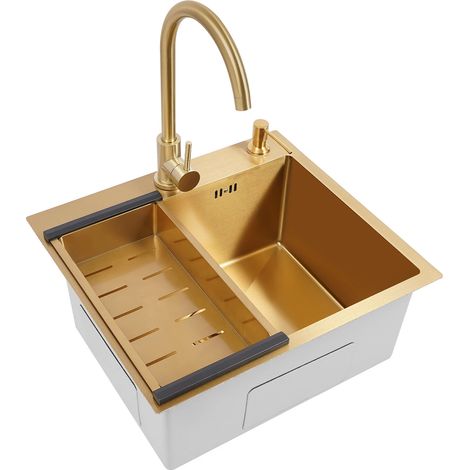 Évier de cuisine en acier inoxydable revêtu nano-PVD or avec robinet et bonde, Évier Comptoir, 50x45x22cm Pour maisons, cuisines, restaurants, cafés, bars (1/5)
