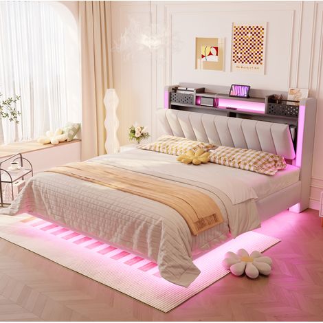 letto contenitore 140x200 LED USB lino beige moderno OKMYHOME (1/5)