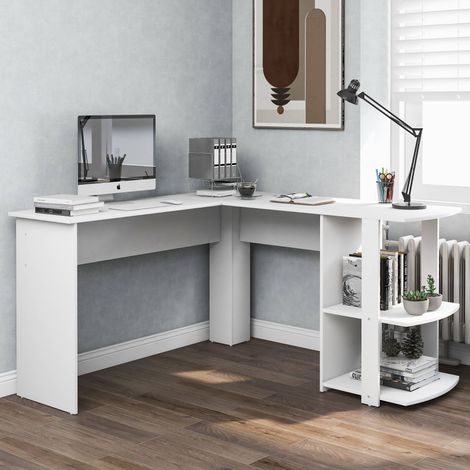 Bureau d'angle L 140 x 140 cm avec 2 étagères, bureau informatique blanc, table ordinateur moderne pour home office et gaming (1/5)