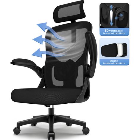 Bürostuhl, Schreibtischstuhl mit Kopfstütze und Weiche Lordosenstütze, Bürostuhl ergonomisch mit Wippfunktion bis 130°,Drehstuhl mit klappbaren Armlehnen 150 kg (1/5)