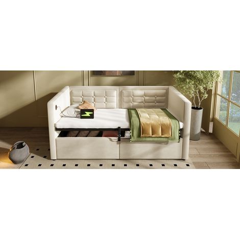 Sofabett 90x200 cm Beige Samt mit USB, Stauraum, ohne Matratze – MEUBLIV (1/5)