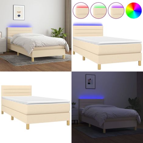 Cama box spring con colchón y LED tela crema 100x200 cm - Cama box spring - Colchón con muelles ensacados