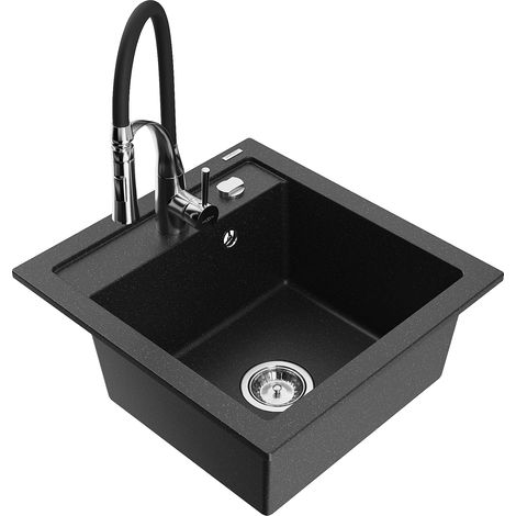 Mexen Vito fregadero de granito de 1 compartimento con grifo de cocina Aster, negro/metálico plateado - 6503-73-73450-07 (1/5)