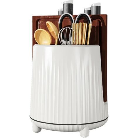Accessoires de rangement de cuisine, support de rangement rotatif multifonctionnel, baguettes, couteau, planche à découper, égouttoir (blanc) (1/4)