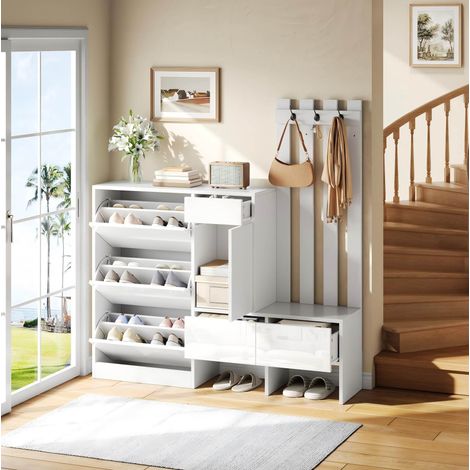 Mueble zapatero de entrada 160x35x160 cm MDF blanco con asiento y percheros - MEUBLIV (1/5)