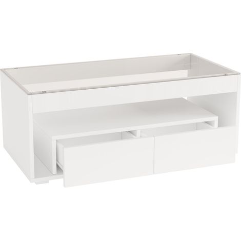 Tavolino da salotto rettangolare con LED 100x50x40 cm vetro temperato 2 cassetti bianco (1/5)