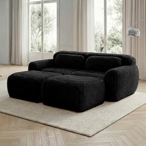Canapé-lit modulable Boneless 2 places noir avec 2 poufs, tissu peluche doux, aucun montage, confort salon 204x179x73cm