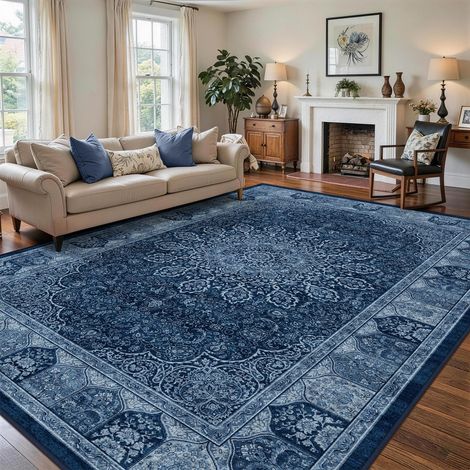 Tapis Vintage pour Salon 120x180 cm - Tissu Ras Court Doux, Lavable en Machine et Antidérapant, Tapis Oriental pour Salle à Manger, Chambre à Coucher et Chambre d'enfants,Bleu Marine Vintage (1/5)