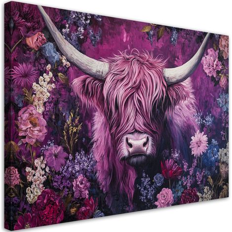 Tableau déco Vache écossaise abstraction fleurs 90x60 (1/5)