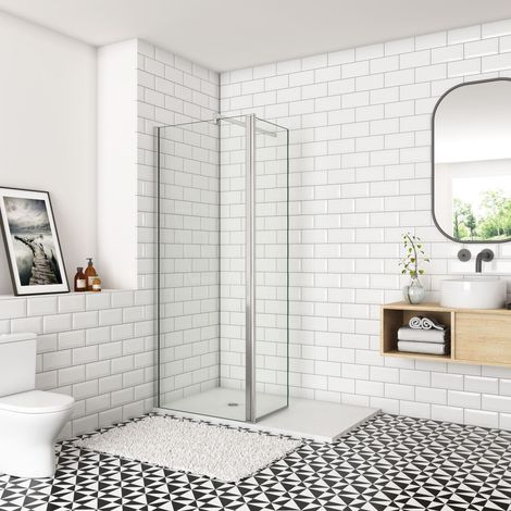 Paroi de douche à l'italienne 50x200cm, paroi fixe murale avec retour pivotant 50x200cm et une barre de fixation 140cm en carré Océan (1/5)
