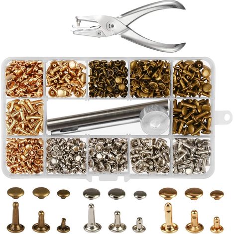 Lot de 300 rivets en cuir à double capuchon tubulaire en métal avec pince de poinçon, outils de fixation pour bricolage du cuir (1/5)