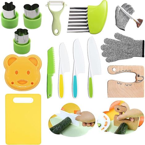 Couteau en bois pour enfants 13 pièces pour la cuisine, couteaux sans danger pour les enfants coupant les légumes et les fruitsCREA (1/5)