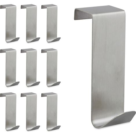 Relaxdays Türhaken, 10er Set, zum Einhängen, Kleiderhaken für Tür & Schrank, Haken für 2 cm Türfalz, Edelstahl, silber