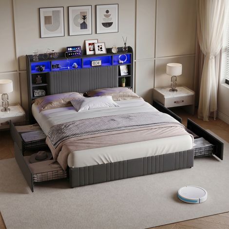 Lit 140x200 cm avec 4 tiroirs, Tête de Lit avec USB et LED, cadre de lit double avec sommier à lattes, lit adulte, gris (1/5)