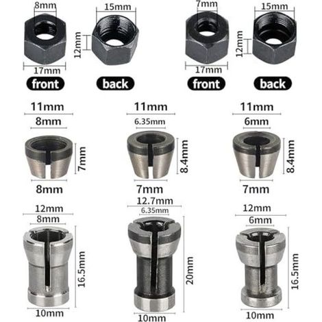 Jeu de 8 pinces de serrage, accessoires pour défonceuse Einhell, Katsu, Bosch et Dewalt, 6 adaptateurs de serrage (6 mm, 6,35 mm, 8 mm) + 2 écrous pour machine à graver (1/5)