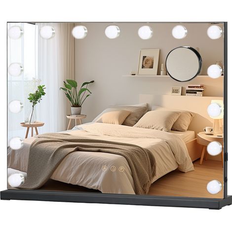 Puluomis – Miroir de maquillage LED 58x45cm – 15 lumières réglables – Écran tactile – Loupe grossissante 10X – Installation murale ou sur table (1/5)
