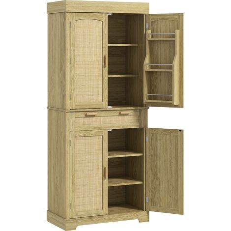 Crédence Boho Rotin 2 portes tiroir porte-épices bois 76x40x183cm