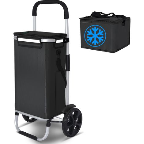 Vounot – Chariot de courses pliable aluminium 40kg – Sac imperméable avec sac isotherme – Roues silencieuses – Poignée ergonomique – Noir