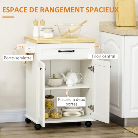 Desserte de cuisine à roulettes, plateau en bois et structure blanche, 1 tiroir, 1 placard, rangement pratique, design élégant (1/5)