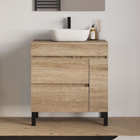 Meuble de salle de bain 70cm avec plateau et vasque à poser arrondie - porte et tiroirs - sans miroir - cambrian (chêne clair) - LAZARO (1/5)