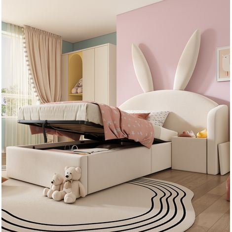Bett Kinderbett beige 90x190 cm aus Samt mit Hasenohren-Kopfteil, hydraulischem Stauraum und Nachttisch