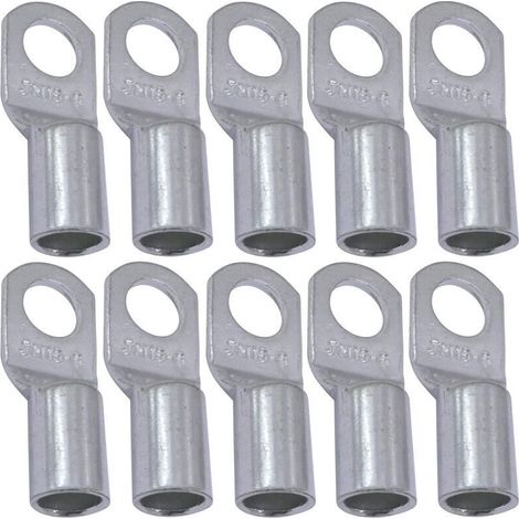 Lot de 10 Cosses Electriques à Oeillet Tubulaire - Oeil - Ø6mm - Non Isolées - pour Conducteur 16mm² - Connecteur de Fil Electrique - Serrage - Couleur Argent