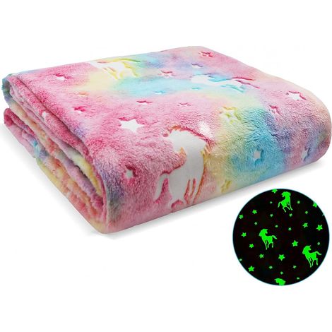 Couverture phosphorescente licorne 190×150 cm rose, flanelle douillette enfants, toutes saisons (1/5)