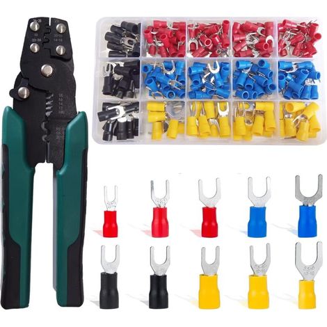 225 Stück Gabelkabelschuhe, 0,5–6 mm² isolierte PVC-Crimpkabelschuhe, 15 verschiedene Ausführungen mit Box, inklusive Multifunktions-Crimpwerkzeug, für Elektriker (1/5)