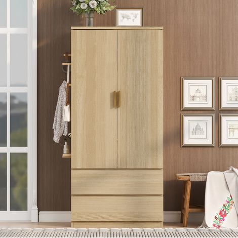 MODFU – Armario 70x50x170 cm de MDF con 2 cajones, almacenamiento oculto y panel perforado, carga 48 kg – Blanco/madera (1/5)