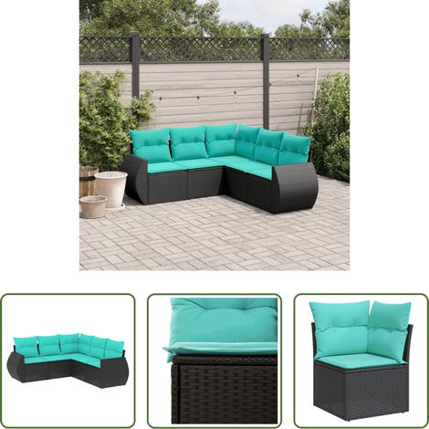 Gartenmöbel - 5-teiliges Gartensofa-Set mit Kissen, schwarzes Polyrattan (1/5)