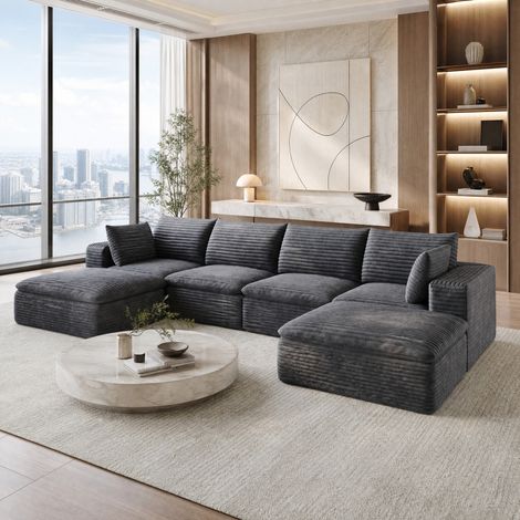 Sofá modular de esquina 340 cm en terciopelo acanalado gris oscuro, sin montaje, OKWISH (1/5)