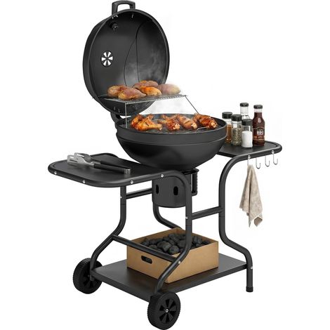 Barbecue fumoir à charbon de bois avec tablettes latérales, couvercle, thermomètre et roulettes, 129 x 63,5 x 106,5 cm