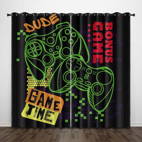 Rideaux occultants exquis pour chambre d'enfant, console de jeu de dessin animé, vert, 200 x 213 cm, rideaux imprimés à motif 3D, isolation phonique à œillets, rideaux à isolation thermique pour garço (1/5)