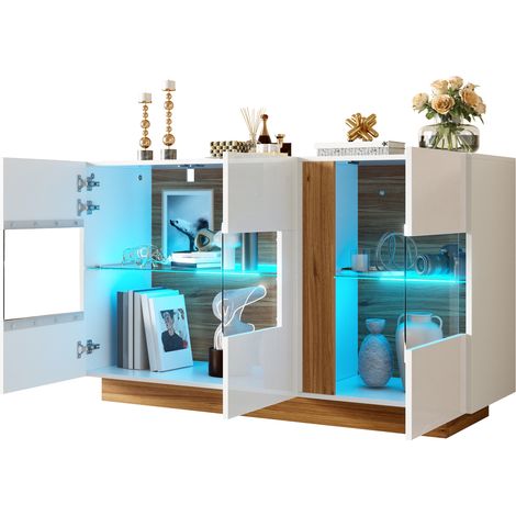 Buffet moderne blanc et bois avec 3 portes en acrylique, éclairage LED réglable, 120x38x80 cm (1/5)
