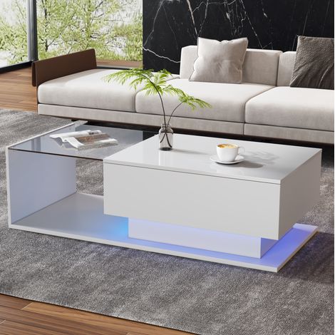 Table basse en panneaux de particules blanc brillant avec verre, 100x50x32 cm, 1 tiroir et LED Bluetooth (1/5)