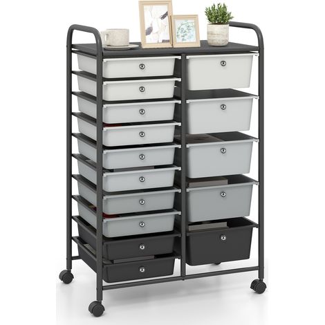 Chariot de Rangement à 15 Tiroirs, pour Atelier, Bureau Chariot à Roulettes, avec Plateau Perforé, Cadre en Métal, Roues à Frein et Poignées, 63 x 38 x 96 CM (1/5)