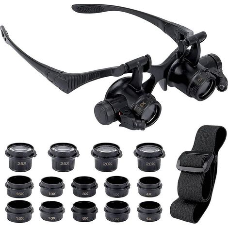 Vergrößerungsbrille mit 2 LED-Leuchten, 8 abnehmbaren Linsen, Kopfhalterung, freihändige Vergrößerungsbrille für Reparaturen, Lesen, Schmuck usw. (1/5)