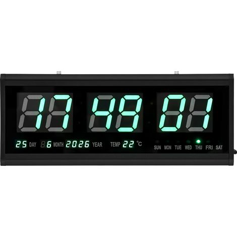 Horloge murale LED - Pendule numérique avec affichage LED de 18 pouces, 12/24 h, affichage heure/date/température, vert, silencieuse, pour salon et bureau (1/5)