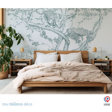 Papier peint : Arbre et léopards - Intissé - L.400 x H.280 cm - Bleu turquoise (1/5)