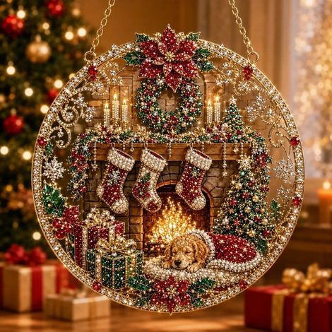 Nouvelle peinture diamant acrylique attrape-soleil de Noël - Cheminée chaleureuse - 20 cm