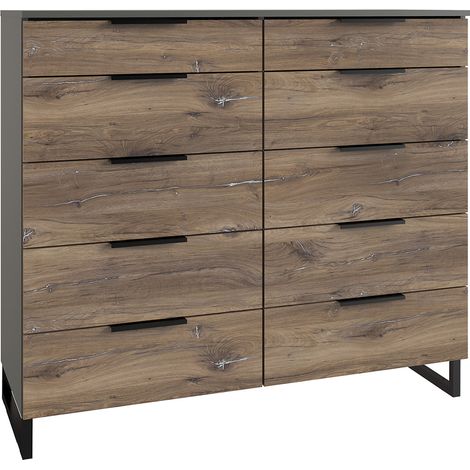 Commode meuble de rangement coloris imitation chêne /graphite - Longueur 116 x Profondeur 41 x Hauteur 102 cm -PEGANE-