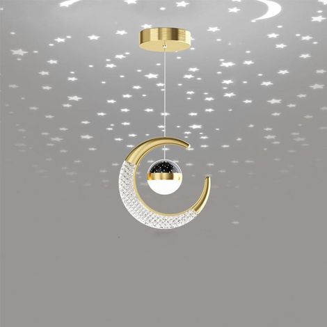 LED moon and star projection pendant light for children, gold and cool white, children's bedroom chandelier (1/5)