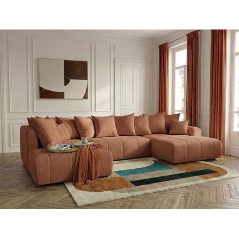 BOBOCHIC - Canapé panoramique convertible ROXELANE tissu chiné Angle droit  Orange