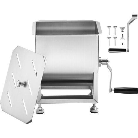Mophorn Mezcladora manual de carne fabricada en acero inoxidable, diseñada para procesar alimentos con un tanque fijo de 15 litros. Permite mezclar hasta 7 kg de carne, ideal para preparar salchichas (1/5)