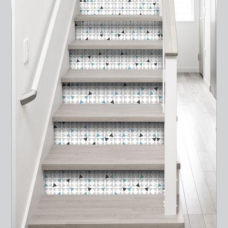 Contremarche Autocollante X3, Motif Géométrique Triangles Scandinave, 19,5 X 100 cm, Gris, Bleu et Noir, Amandola (1/2)