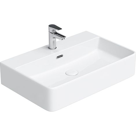 HOROW Bathroom Ceramic Wash Basin Sink Countertop or Wall Mounted Rectangular Basin,Slim Edge & Storage Ledge Design for Bathroom, Cloakroom, Small WC (White, 60 42 14 cm) (1/5)