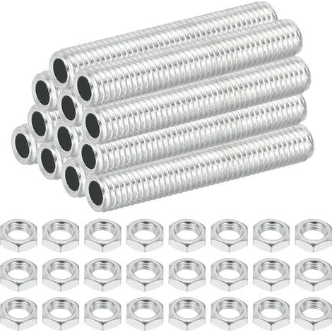 Tige Filetée Creuse M8 Filetage Fin pour Lampe en Acier au Carbone avec Écrou, 12 pcs 50mm Adaptateur de Filetage Tube Creux, Matériel Fixation pour Lampes, Placage de Zinc Blanc (1/5)